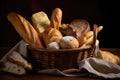 basket filled with assorted breads, from rustic baguettes to fluffy rolls Royalty Free Stock Photo