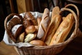 basket filled with assorted breads, from rustic baguettes to fluffy rolls Royalty Free Stock Photo
