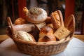 basket filled with assorted breads, from rustic baguettes to fluffy rolls Royalty Free Stock Photo