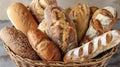 A basket filled with assorted freshly baked breads including crusty baguettes soft buttery rolls and whole grain loaves Royalty Free Stock Photo