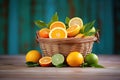 a basket filled with assorted whole citrus fruits Royalty Free Stock Photo