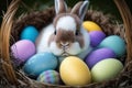 Basket filled with brightly - colored Easter eggs, surrounded by a field of blooming flowers and a happy bunny Easter illustration Royalty Free Stock Photo