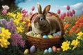 Basket filled with brightly - colored Easter eggs, surrounded by a field of blooming flowers and a happy bunny Easter illustration Royalty Free Stock Photo