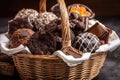 basket filled with chocolate cakes, pastries, and other sweet treats