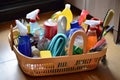 a basket filled with cleaning supplies and tools, ready to be used Royalty Free Stock Photo