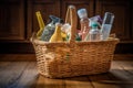 a basket filled with cleaning supplies and tools, ready to be used Royalty Free Stock Photo