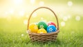 A basket filled with colorful easter eggs in the grass (ai generated) Royalty Free Stock Photo