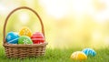 A basket filled with colorful easter eggs in the grass (ai generated) Royalty Free Stock Photo