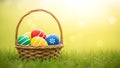 A basket filled with colorful easter eggs sitting in the grass (ai generated) Royalty Free Stock Photo