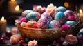 A basket filled with colorful Easter eggs, each egg uniquely decorated with intricate patterns and soft pastel hues. AI Generated