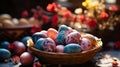 A basket filled with colorful Easter eggs, each egg uniquely decorated with intricate patterns and soft pastel hues. AI Generated