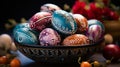 A basket filled with colorful Easter eggs, each egg uniquely decorated with intricate patterns and soft pastel hues. AI Generated