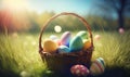 a basket filled with colorful eggs sitting on top of a lush green field with trees in the background and a bright sun shining on Royalty Free Stock Photo
