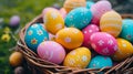 Basket Filled With Colorful Painted Eggs, A Vibrant Collection of Handcrafted Easter Decorations