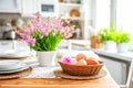 A basket filled with eggs placed next to a vase of colorful flowers on a table, perfect for Easter decoration Royalty Free Stock Photo