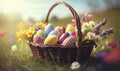 a basket filled with eggs sitting on top of a grass covered field next to a field of flowers and daisies with a blue sky in the