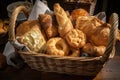 basket filled with flaky puff pastries and turnovers of various flavors