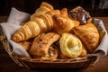 basket filled with flaky puff pastries and turnovers of various flavors