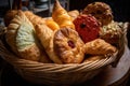 basket filled with flaky puff pastries and turnovers of various flavors