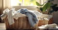 A Basket Filled with Fresh, Clean Clothes Lying Next to a Bed Royalty Free Stock Photo