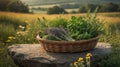 Wicker Basket of Fresh Herbs in a Summer Field Royalty Free Stock Photo