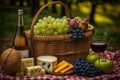 basket filled with fruits, cheeses, and wines for a picnic in the park