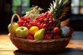 A basket filled with fruits, set against a warm wooden backdrop Royalty Free Stock Photo