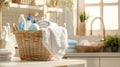 Basket filled with laundry supplies like detergent and towels Royalty Free Stock Photo