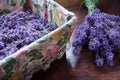 Basket filled with lavender Bunch of lavender Tabletop Royalty Free Stock Photo