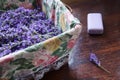 Basket filled with lavender Organic soap bar Tabletop Royalty Free Stock Photo