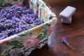 Basket filled with lavender Two lavender soap bars Tabletop Royalty Free Stock Photo