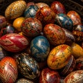 a basket filled with lots of colorfully painted easter egg\'s in different colors and patterns on top of each other, all in a