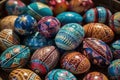 a basket filled with lots of colorfully painted easter eggs in it\'s display case with a star design on the top of each egg