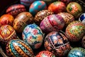 a basket filled with lots of colorfully painted easter eggs on top of a table next to each other on top of a wooden table