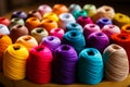 Basket filled with lots of different colored spools of thread. Generative AI Royalty Free Stock Photo