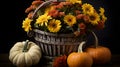 a basket filled with lots of flowers next to orange and yellow pumpkins