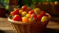 Basket filled with multi colored cherry tomatoes in detailed close view