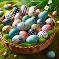 A basket filled with multi-colored Easter eggs on a bed of moss. Royalty Free Stock Photo