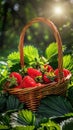 A basket filled to the brim with luscious strawberries sits in a sunny patch, surrounded by greenery, ready for the Royalty Free Stock Photo