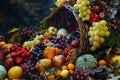 A basket filled to the brim with a variety of fresh fruits and vegetables, Harvest cornucopia overflowing with fruits and