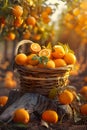 Basket of Valencia oranges on a tree stump, a refreshing sight of natural foods