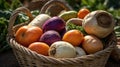 Assorted Root Vegetables in Wicker Basket on Farm, Offering Fresh Harvest Royalty Free Stock Photo