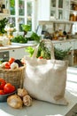 Basket filled with vegetables and bag on kitchen counter. Generative AI
