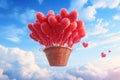 A basket filled with vibrant red balloons floats freely in the sky, Basket filled with heart balloons ready to be released into Royalty Free Stock Photo