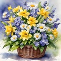 basket filled with vibrant yellow and blue white spring flowers