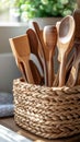 A basket filled with wooden spoons and spatulas on a window sill, AI