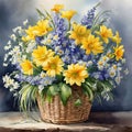 Elegant painting capturing the beauty of spring with a delightful basket filled with yellow and blue flowers.