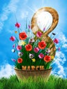 Basket with flowers and wooden number eight women`s day