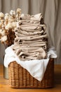 A basket with folded towels on top of a wooden table, AI Royalty Free Stock Photo