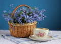 Basket of forget-me-nots and retro Cup.